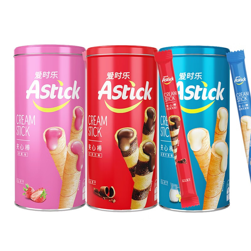 爱时乐（Astick） 夹心棒(注心饼干）*150g/罐*3罐 （巧克力+香草牛奶+草莓各一罐）