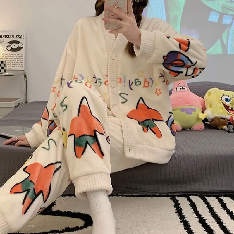 【旗舰店】诗莉奥（SHILIAO）女士珊瑚绒加厚家居服套装 小星 L