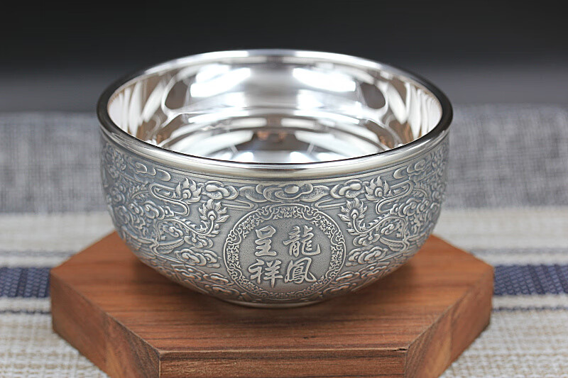 良平银碗999足银龙凤银碗双层防烫隔热碗附证书实用银器送礼送长辈