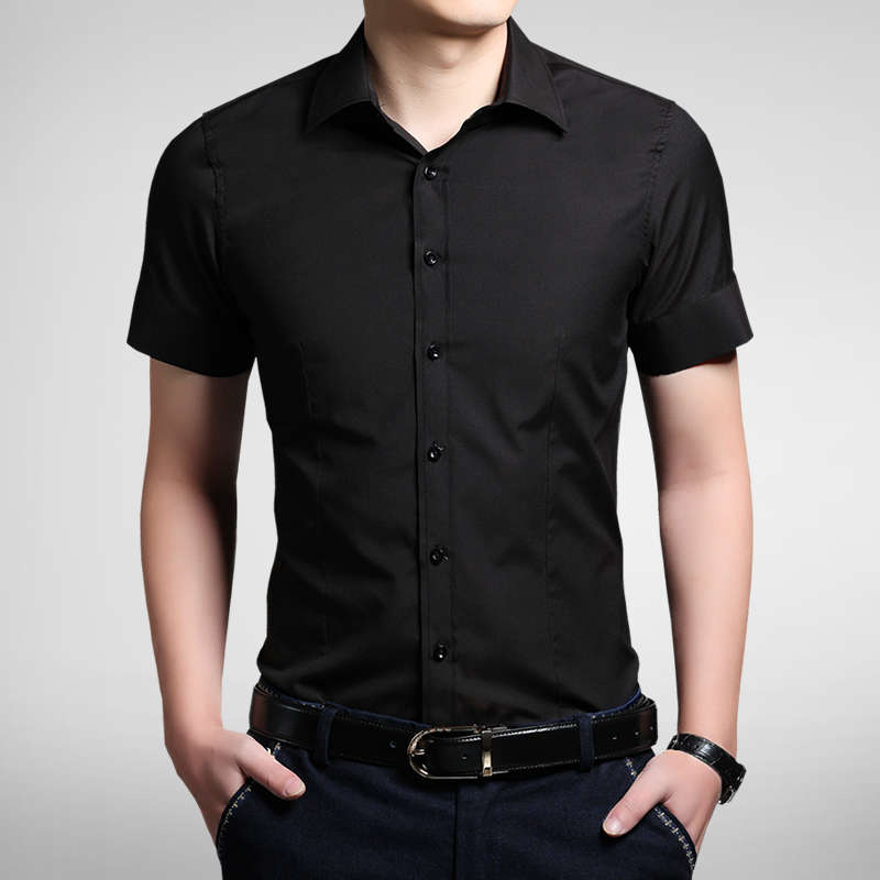 夏季青中年男士短袖衬衫男修身韩版商务休闲纯色商务工作装免烫 黑色