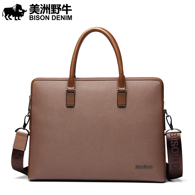 美洲野牛 男士手提包高档商务公文电脑斜挎包 n2289-3 啡色 横款