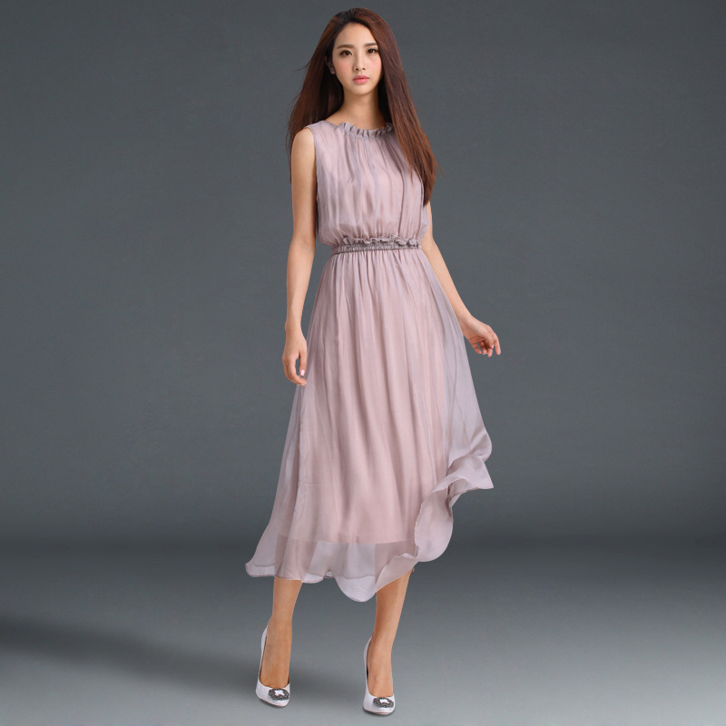 曲莎迪2015夏装新款气质优雅修身大摆长款真丝背心长裙连衣裙 卡其色