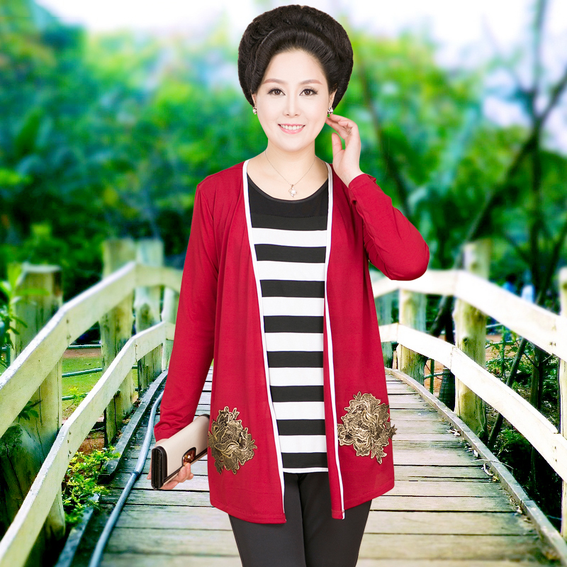 中老年女装长袖假两件套t恤开衫 中年女春装上衣大码妈妈装 af1806c