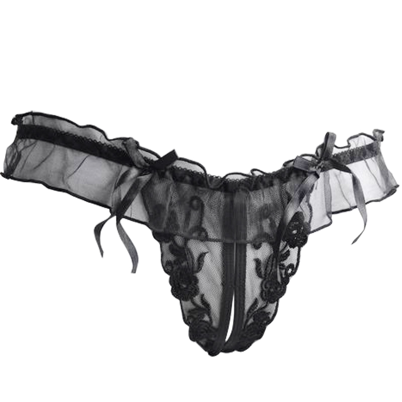 九色生活情趣内衣女士内裤 性感蕾丝开裆丁字裤 黑色