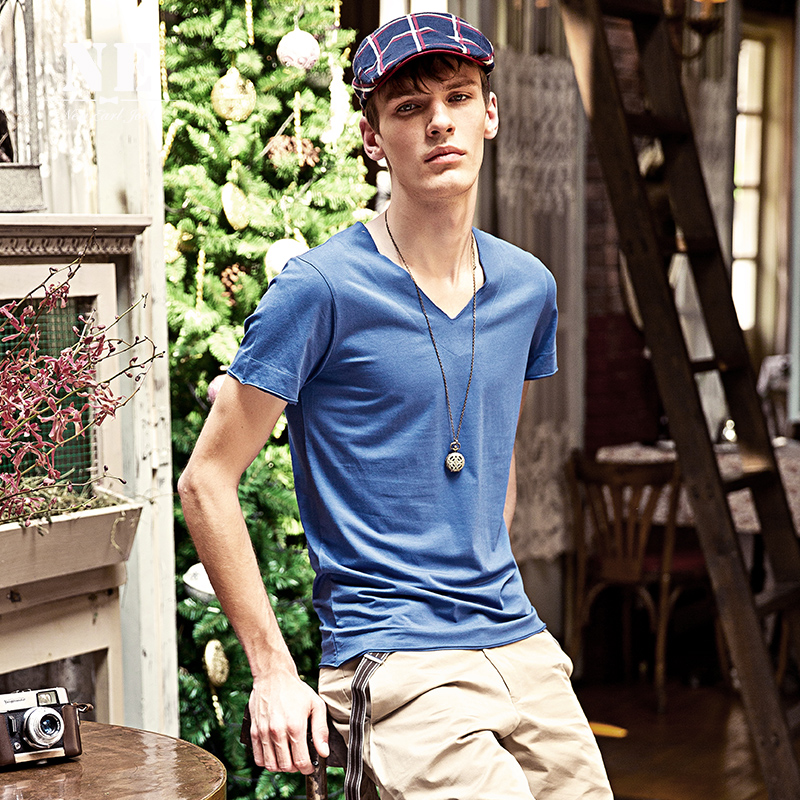 伯爵卓尔男装纯色夏季短袖t恤v领英伦风潮流男士夏装体恤 修身 蓝色