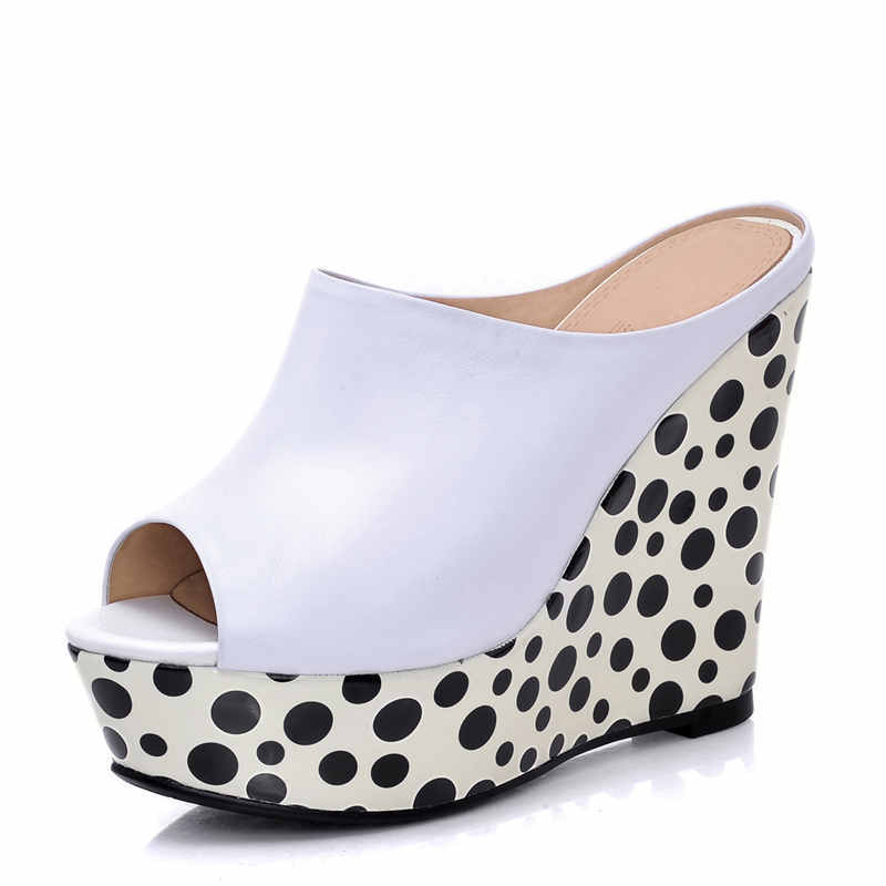 丹思露2015春夏季新款时尚斑点坡跟舒适套脚牛皮性感透气鱼嘴简约百搭