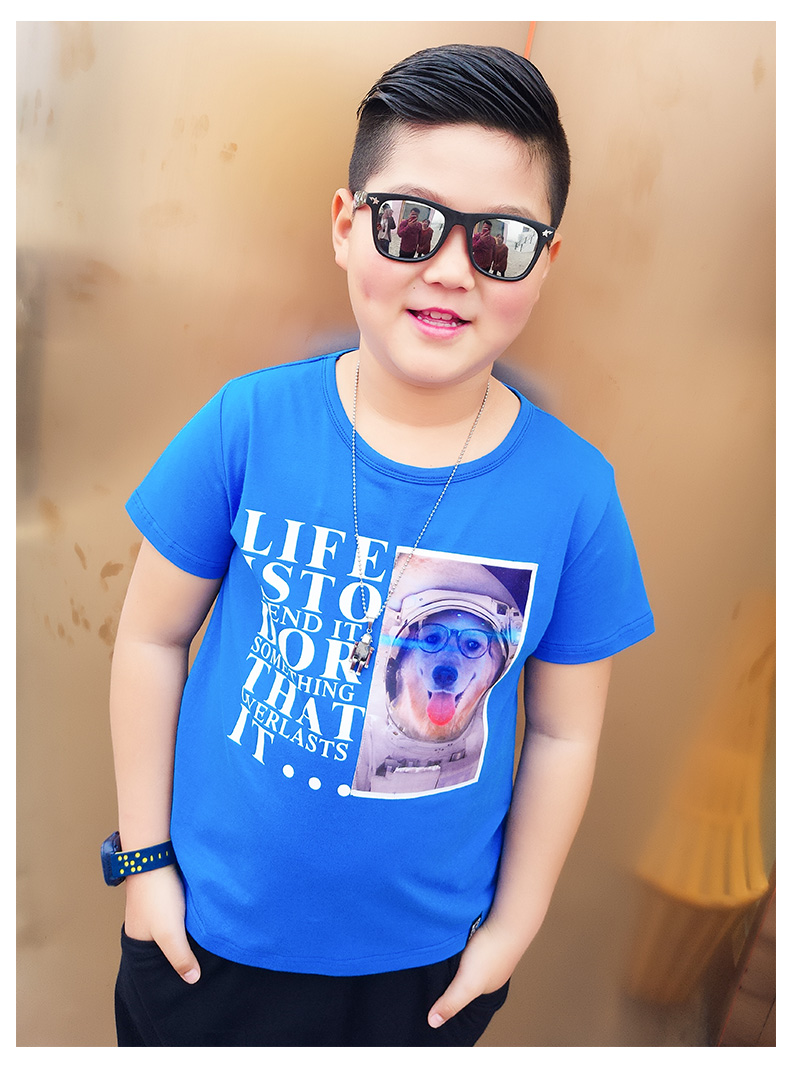 小猪托尼胖童装男童t恤加肥加大宽松夏装蓝色贴布棉胖孩子男大童短袖