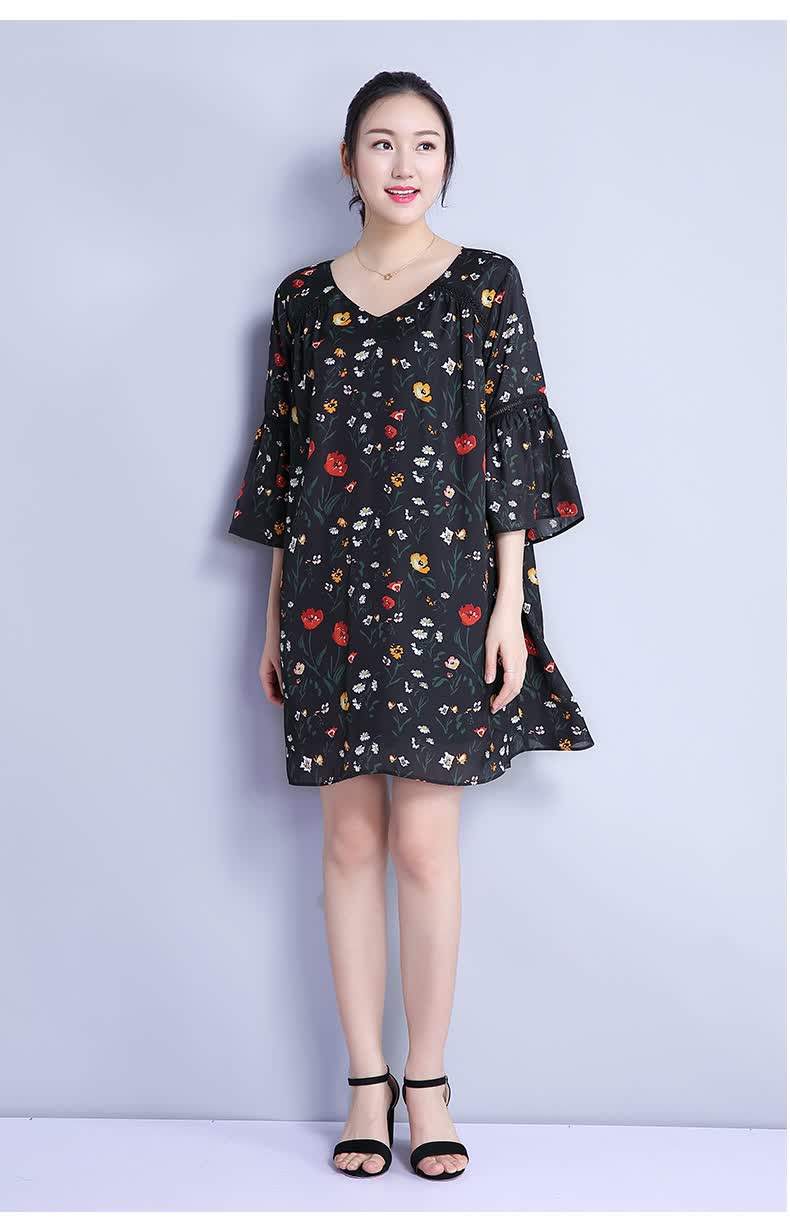 依薇欧大码女装夏装新款连衣裙女雪纺时尚v领宽松遮肚l180678 黑色 l