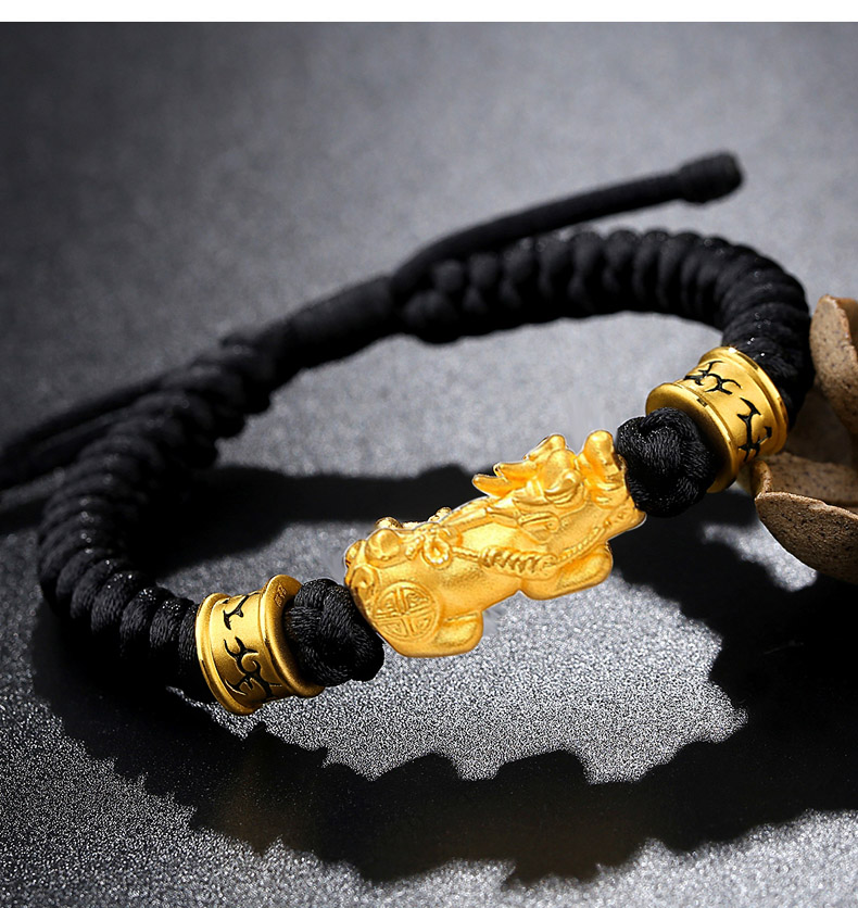 蓓影 黄金转运珠手链男款足金貔貅3d硬金 刺青勇气信念黑绳男士手链