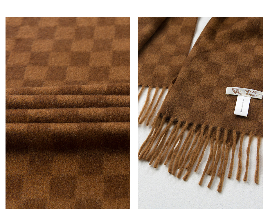 帝高秋冬羊绒围巾围脖男女通用小方格粗纺羊绒围巾 浅咖格