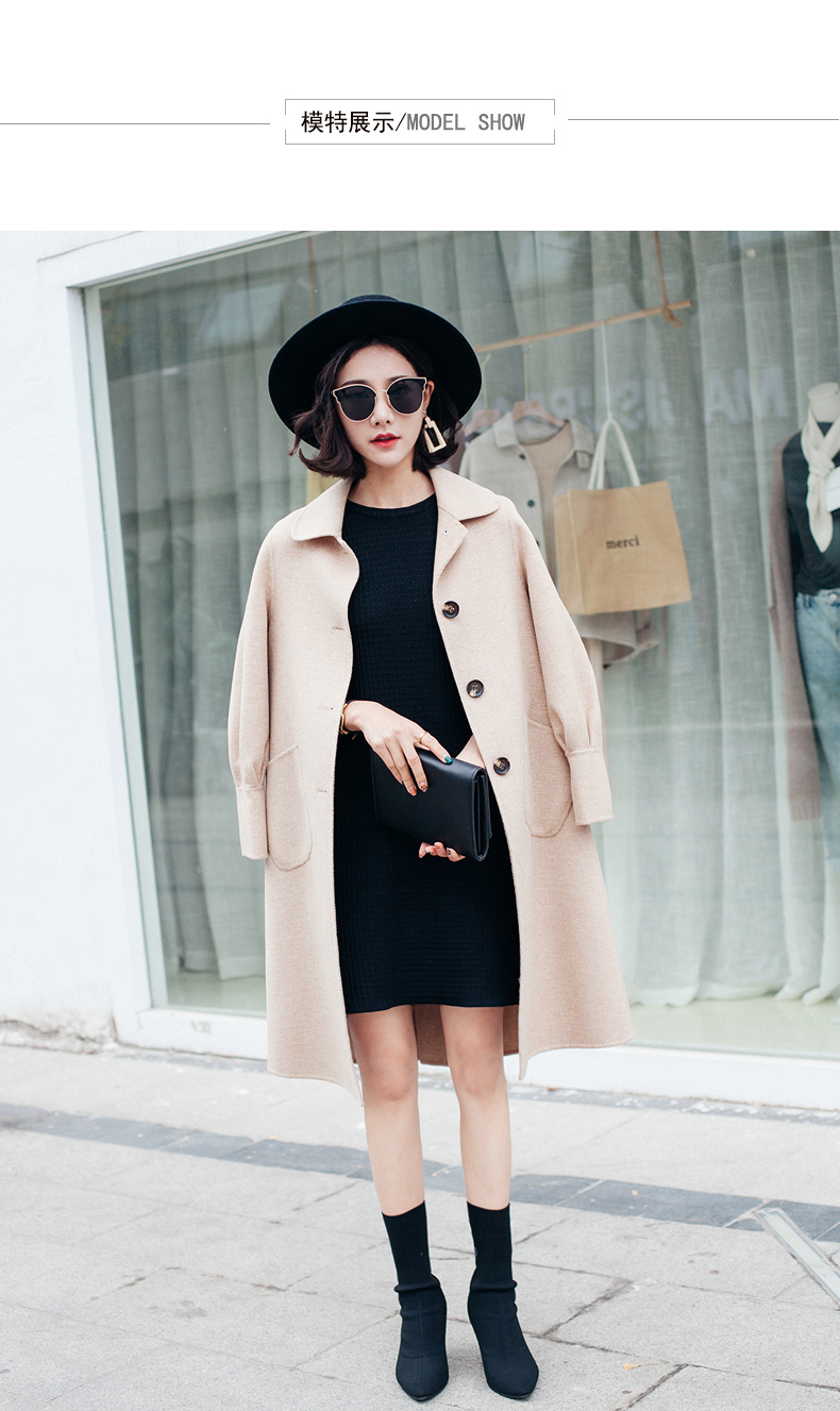 新款灯笼袖小米格纯手工羊毛双面呢羊绒毛呢大衣女呢子外套 西柚色 xl