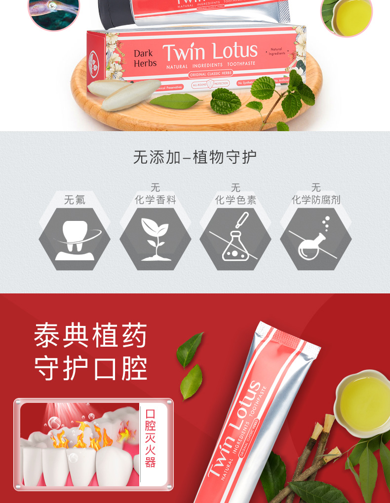 双莲(twin lotus)泰国牙膏植物无氟新款包装 冰泉固齿牙膏100克2支