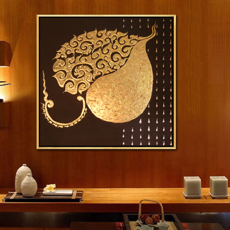 莫涵手绘油画东南亚泰式客厅餐厅书房玄关壁画过道装饰画发财菩提叶