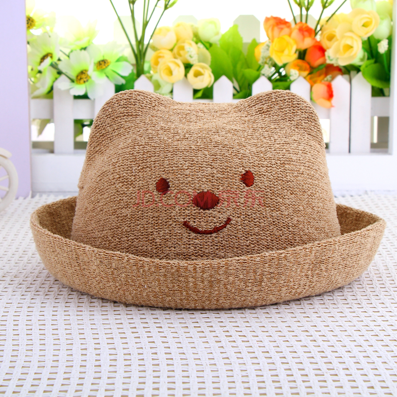 正版 韩版小熊造型帽草帽 宝宝棕色小帽子 婴幼儿宝宝小帽子