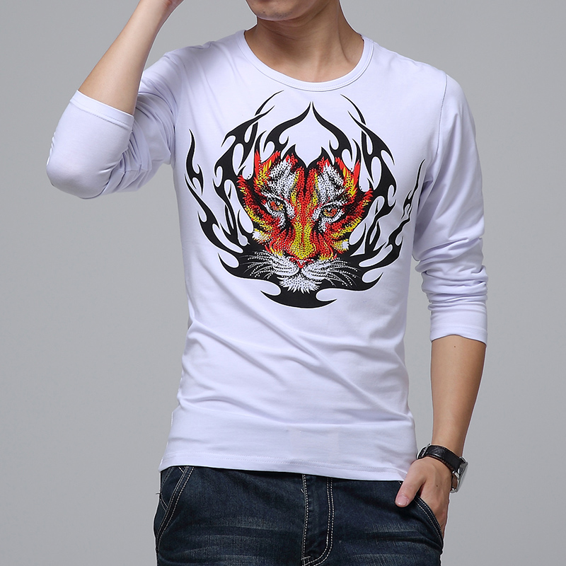 古莱登2015春装新款男士韩版修身烫钻潮流印花圆领长袖t恤 白色金豹