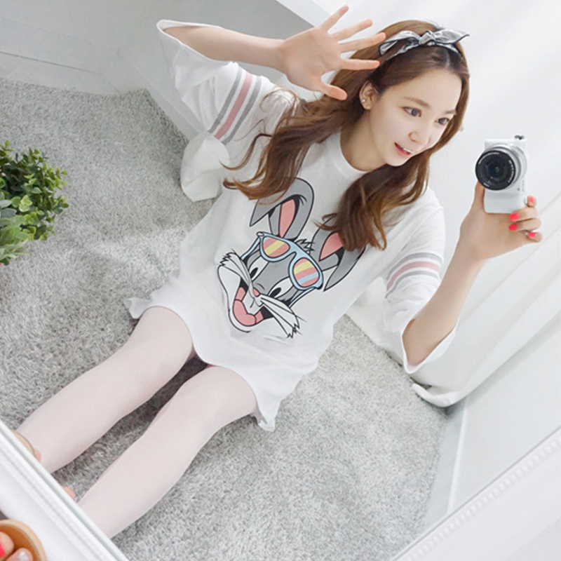 泊舒美bosomy新款可爱卡通兔八哥七分袖女睡衣套装休闲家居服 白色
